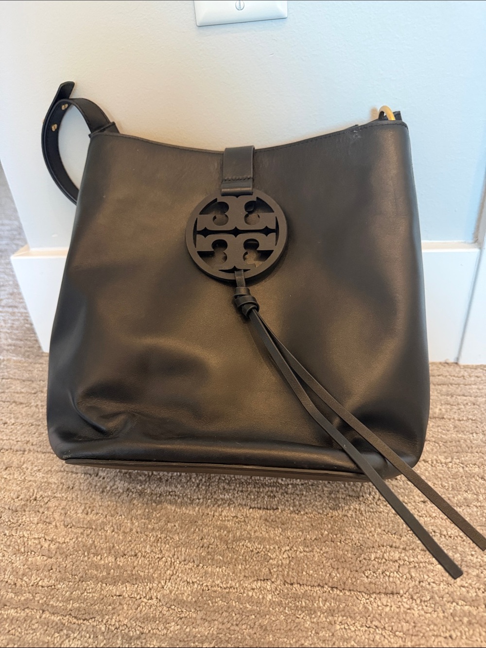 Tory Burch Black Leather Logo Tassel Shoulder Bag
